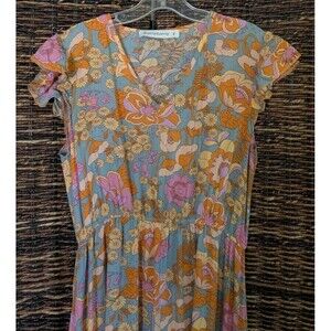 Rusttydustty Tiered Floral Midi Maxi Dress Women's Small  Blue Pink Boho Ruffles